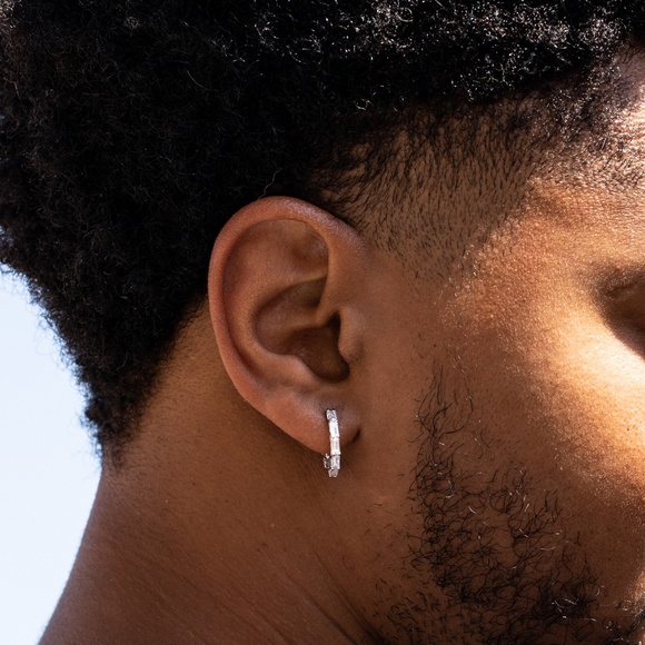 Mens Thin Baguette Skinny Huggie Hoop Earrings - Picture 4 of 4